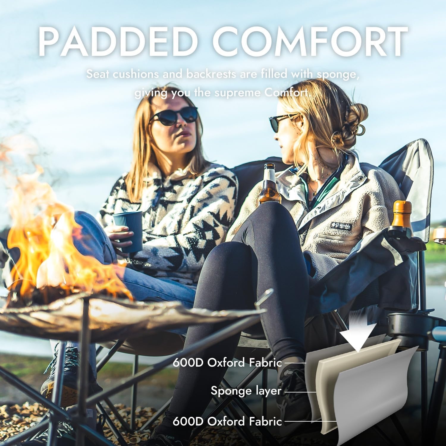 image:imageDowinx Double Camping Chair Oversized Folding Loveseat with Padded Seat 660lbs Heavy Duty Portable Lawn Chair with Cup Holders Glass Holders amp Back Storage for Adults Camping Beach Picnic Gray