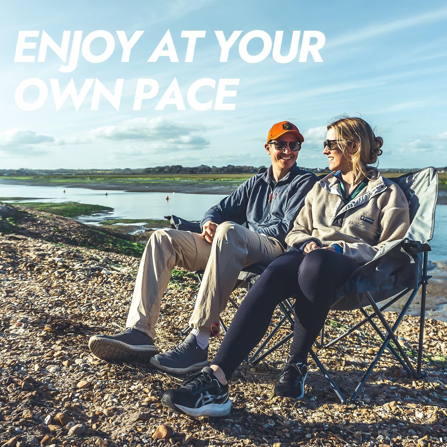 image:imageDowinx Double Camping Chair Oversized Folding Loveseat with Padded Seat 660lbs Heavy Duty Portable Lawn Chair with Cup Holders Glass Holders amp Back Storage for Adults Camping Beach Picnic Gray