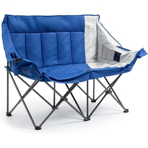 Dowinx Double Camping Chair Loveseat with Cup Holders & Wine Glass Holders, Oversized Folding Outdoor Lawn Chair 660lbs, Portable Padded Seat with Storage Bag for Adults, Beach, Patio, Picnic – Blue